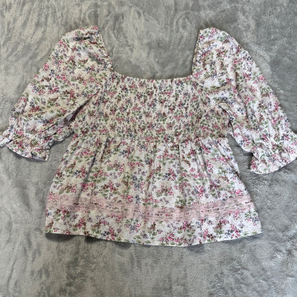 Tinsel Town Floral Smocked Peplum Top XL Pink White Lace Puff Sleeve Cottagecore